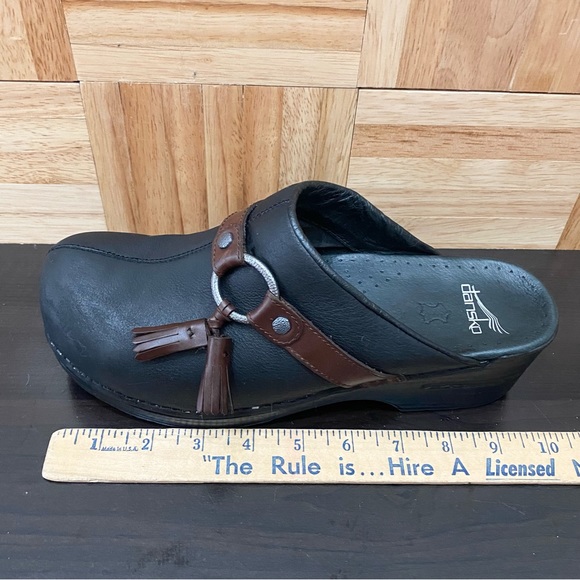 DANSKO “Shandi” Black Nubuck Leather Biker Harness Tassel Clog Size 41 10.5-11US - Picture 9 of 16